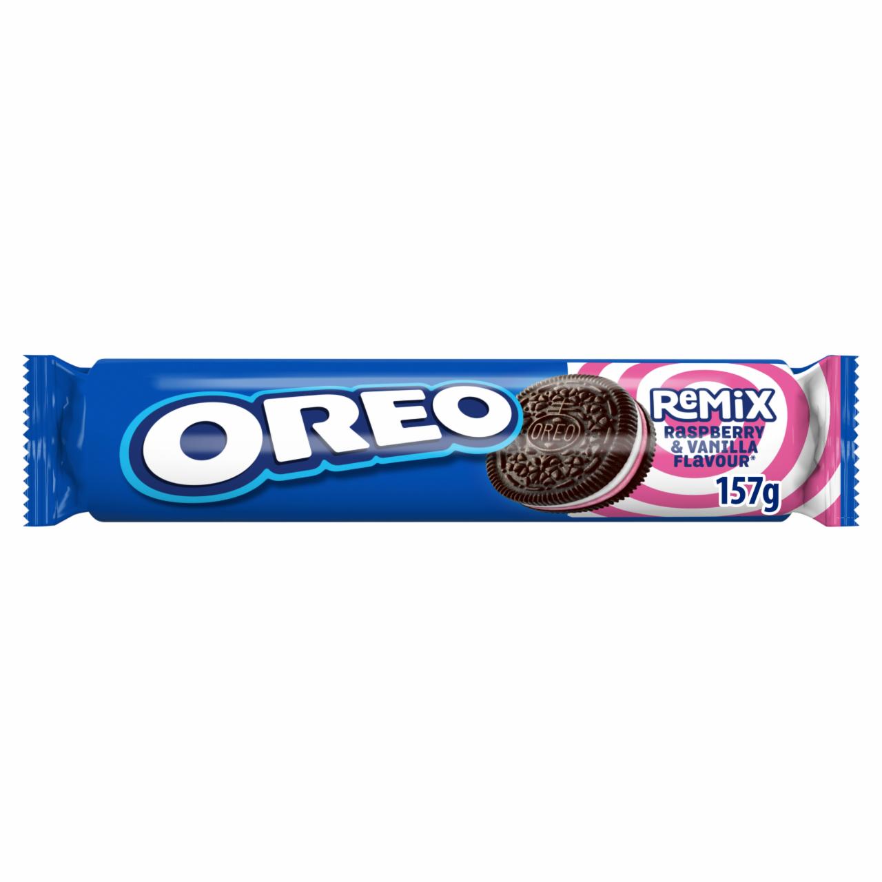 Képek - Oreo Remix vaníliaízű és málnaízű töltelékkel töltött kakaós keksz 157 g