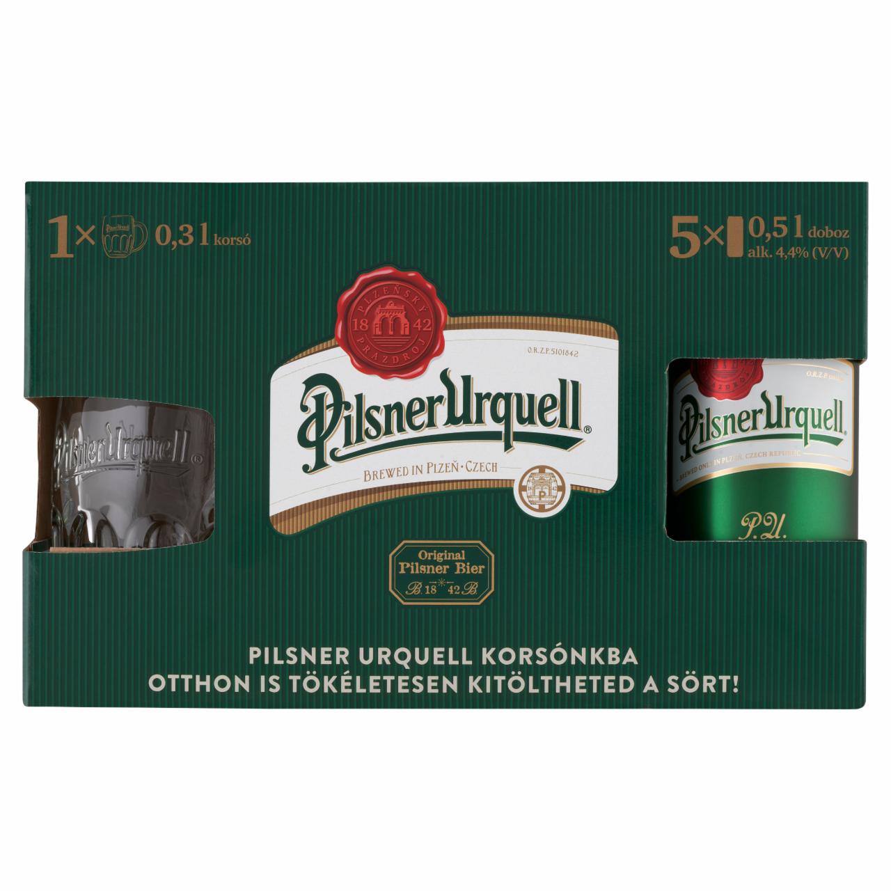 Képek - Pilsner Urquell minőségi világos sör 4,4% 5 x 0,5 l + korsó 