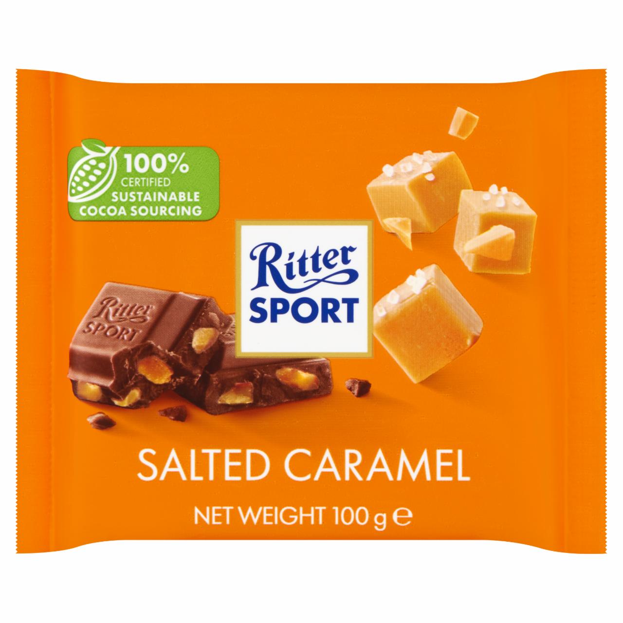 Képek - Ritter Sport tejcsokoládé ropogós sós-vajas karamelladarabokkal és karamelldarabokkal 100 g