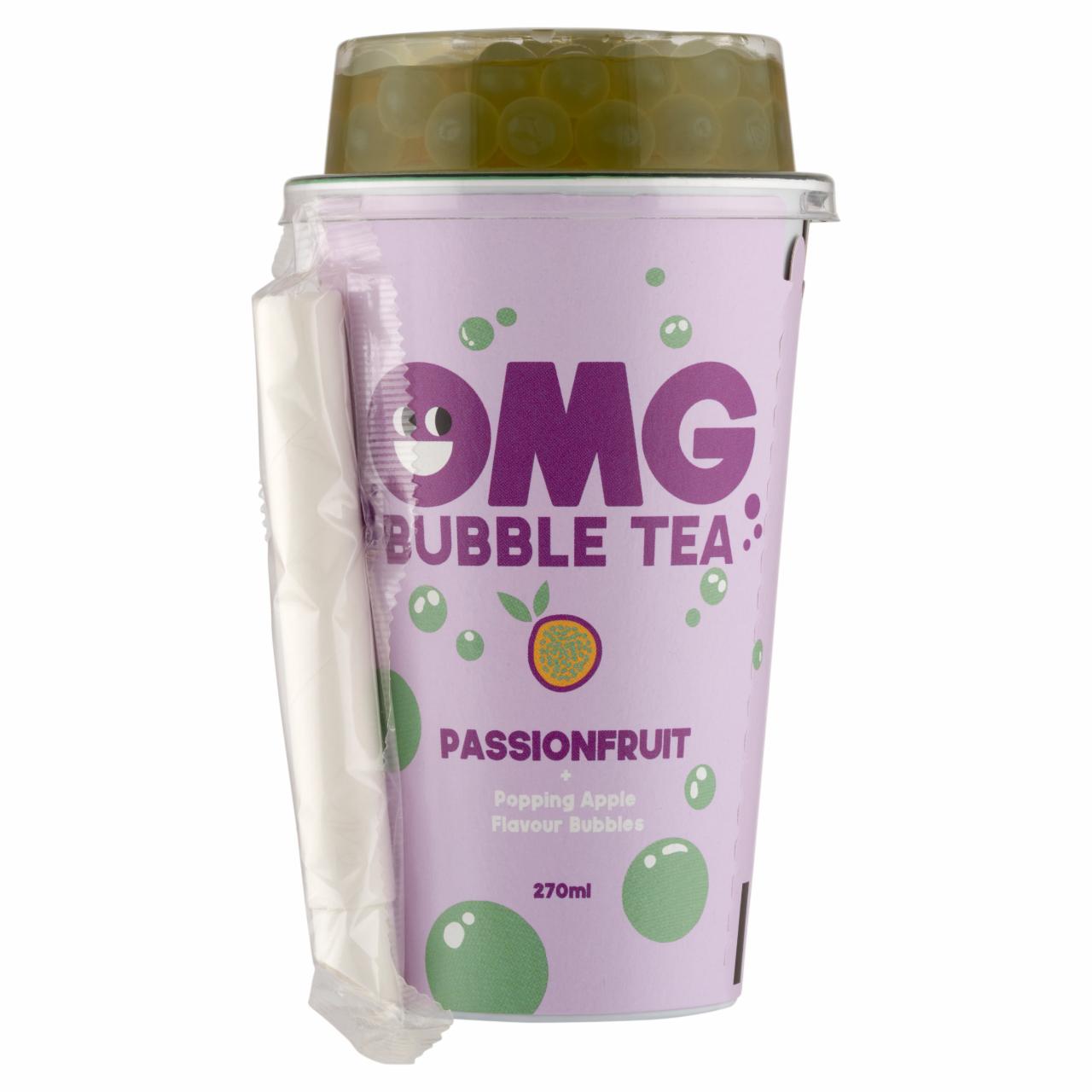 Képek - OMG Bubble Tea passiógyümölcs ízű zöld tea & zöldalma ízű szétpattanó golyóval 270 ml