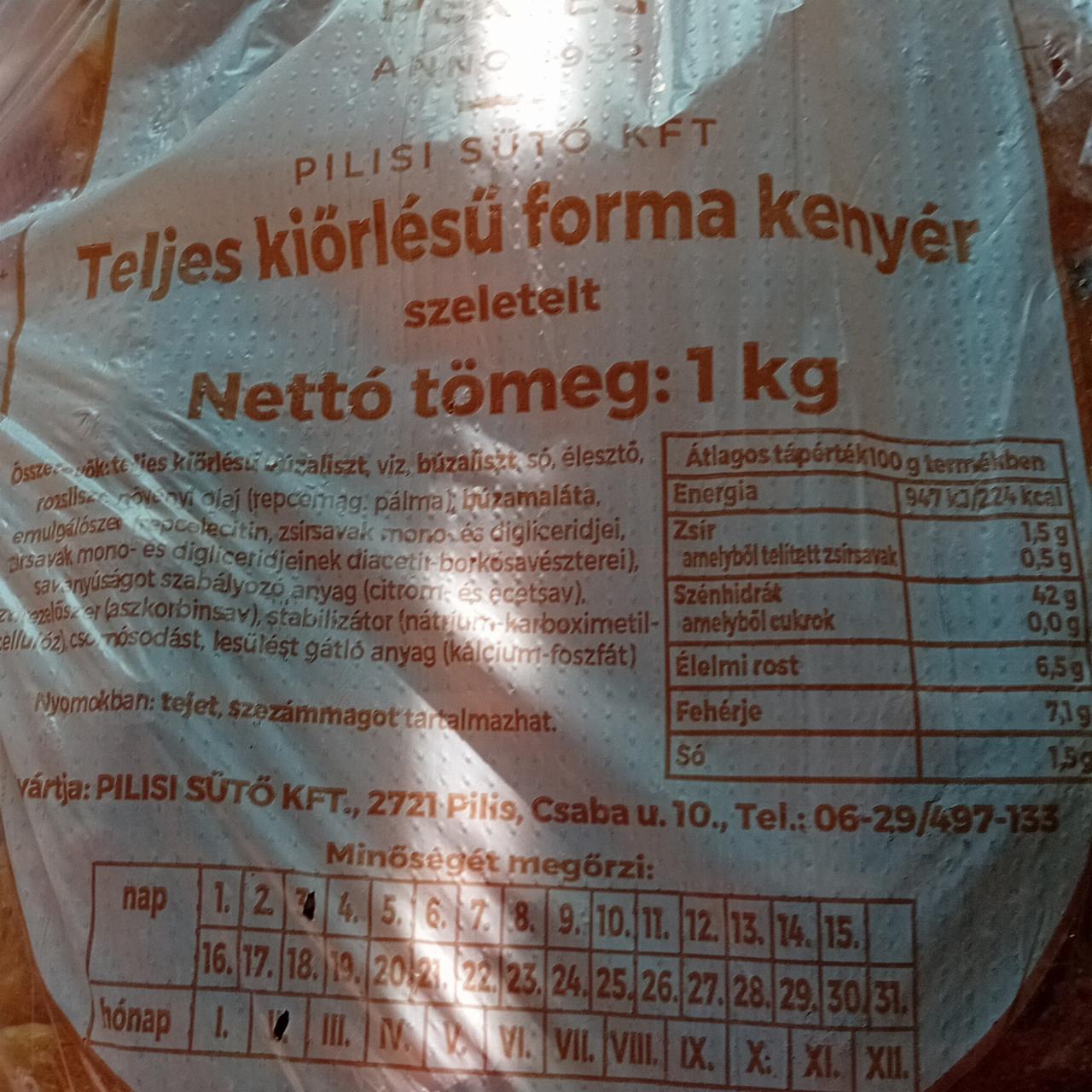 Képek - Teljes kiörlésű forma kenyér szeletelt Pilisi sütő