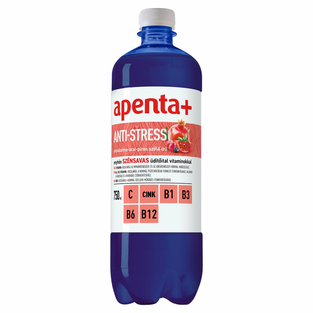 Képek - Apenta+ Anti-Stress gránátalma-acai-piros szóló ízű, enyhén szénsavas üdítőital 750 ml