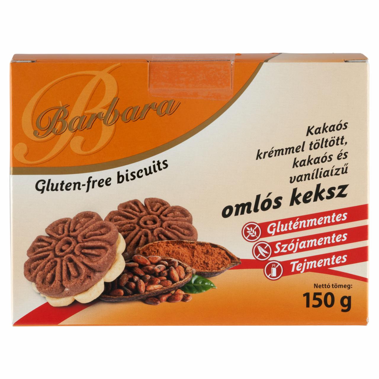 Képek - Barbara gluténmentes kakaós krémmel töltött, kakaós és vaníliaízű omlós keksz 150 g