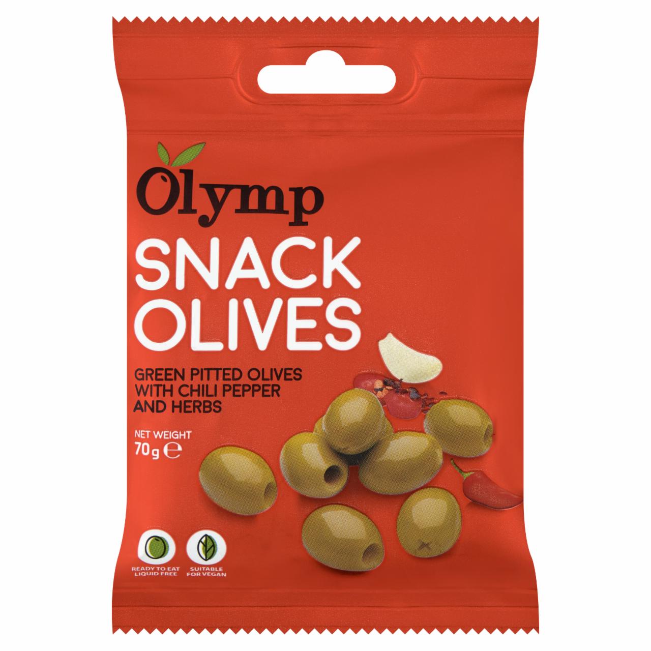 Képek - Olymp Snack Olives fűszerezett zöld magozott olajbogyó chili paprikával 70 g