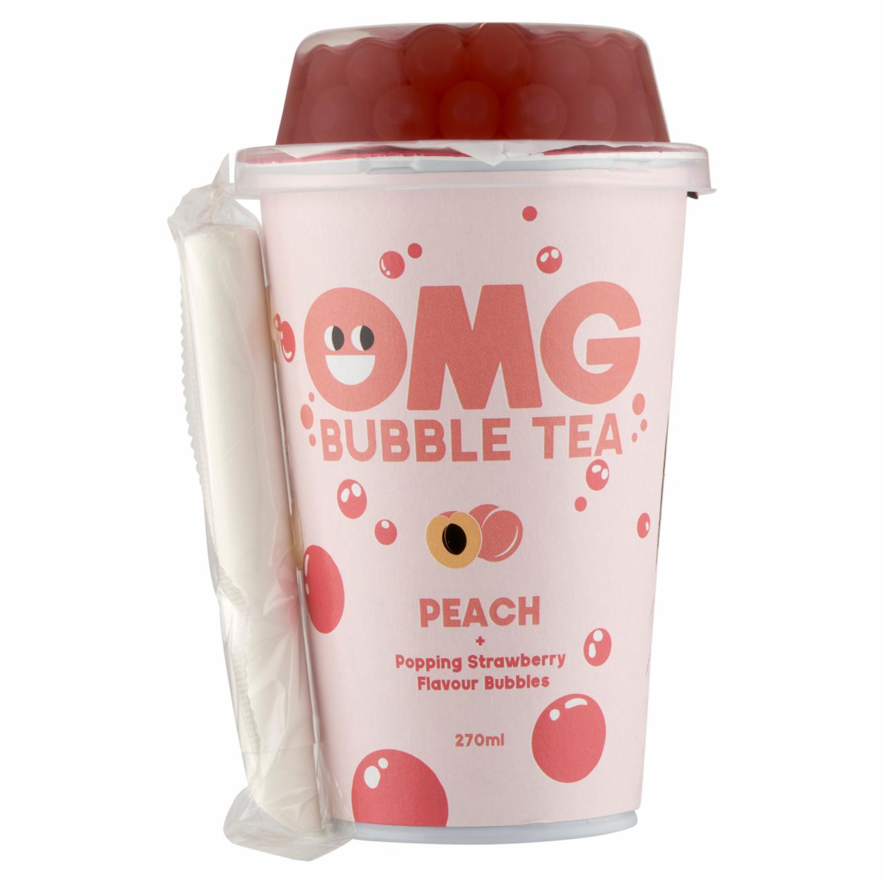 Képek - OMG Bubble Tea barack ízű fekete tea & eper ízű szétpattanó golyóval 270 ml