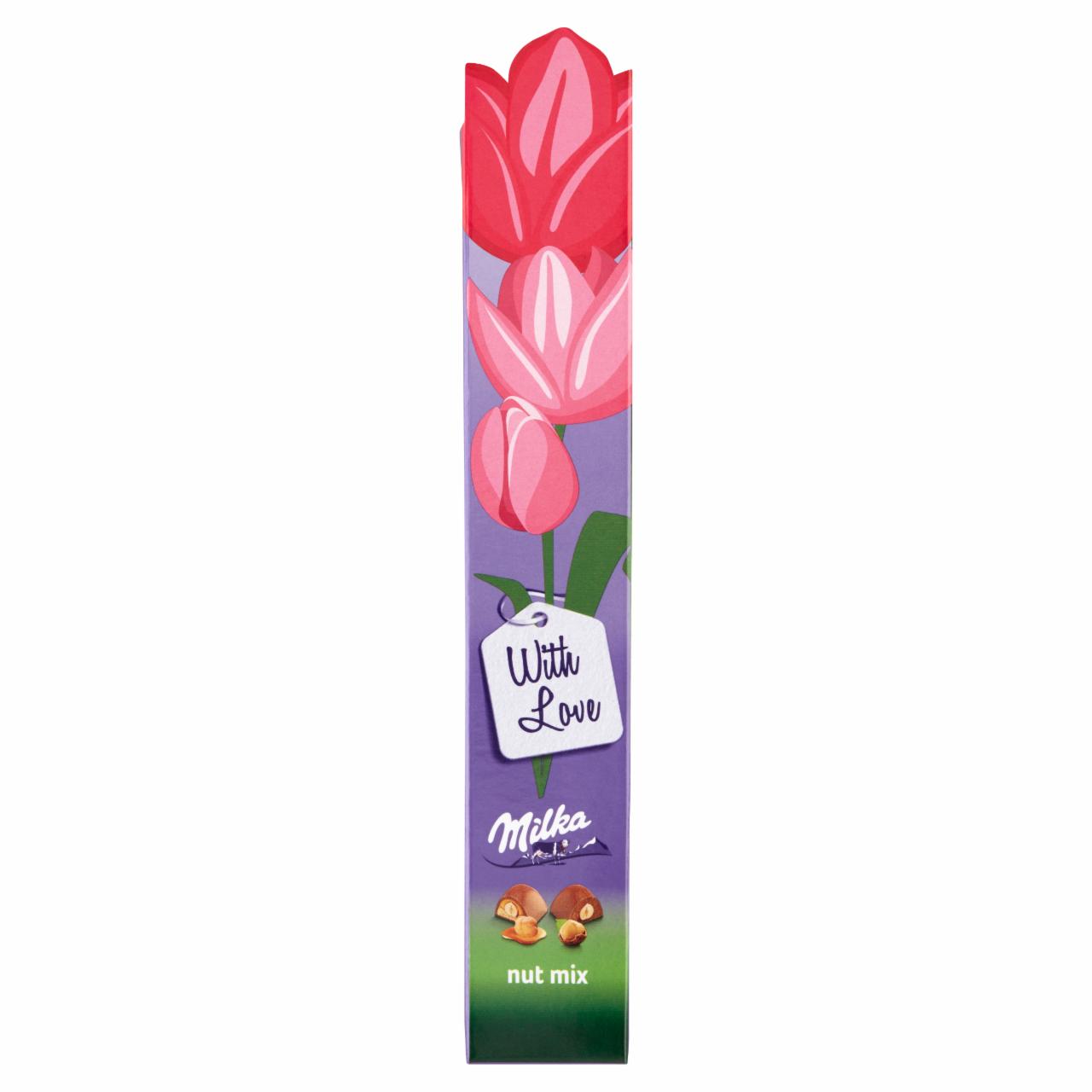 Képek - Milka With Love tejcsokoládé egész mogyoróval, karamelltöltelékkel és egész mogyoróval 4 db 35 g