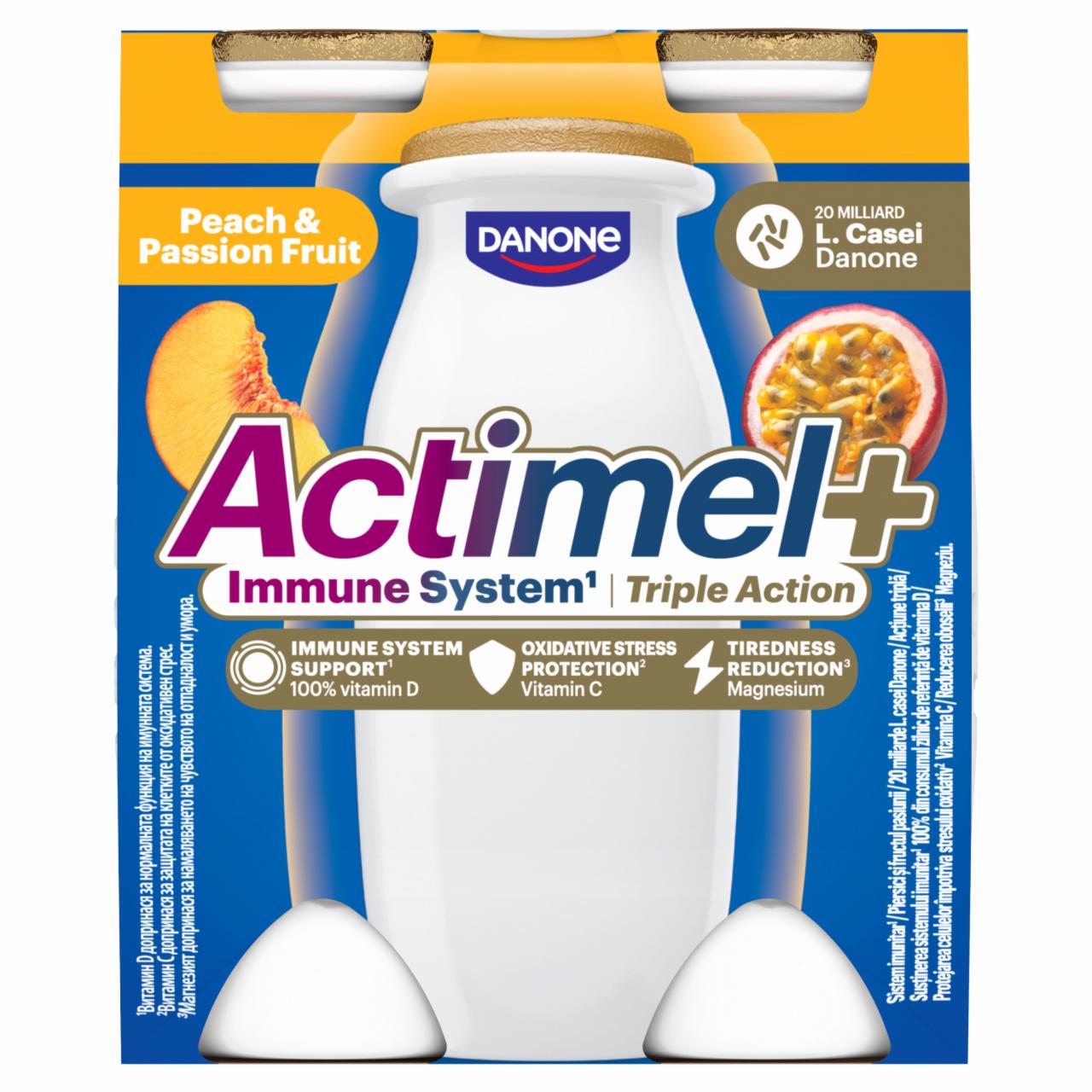 Képek - Danone Actimel+ őszibarack- és maracujaízű zsírszegény joghurtalapú ital 4 x 100 g (400 g)