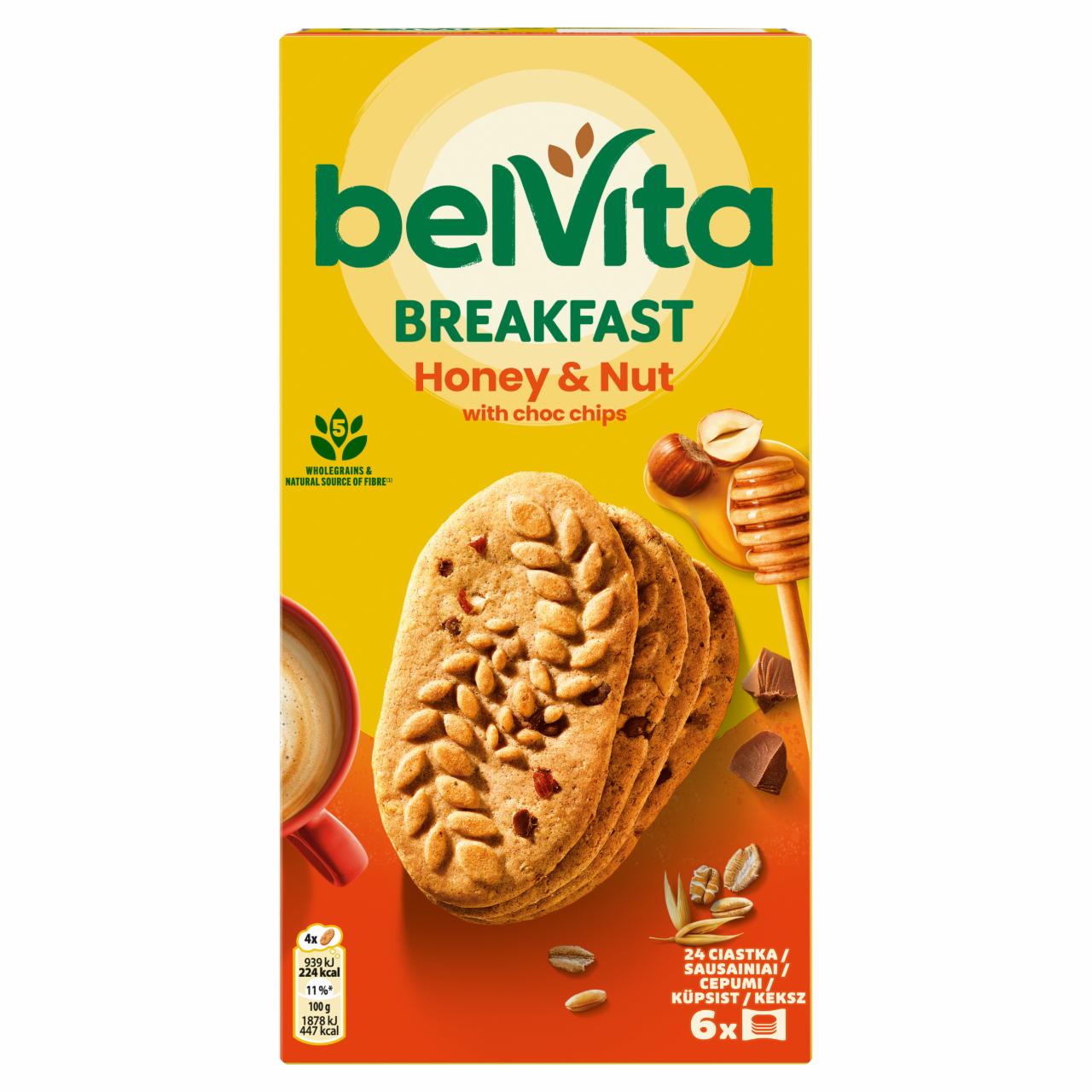 Képek - Belvita mogyorós és mézes, gabonás keksz csokoládédarabokkal 6 x 50 g (300 g)