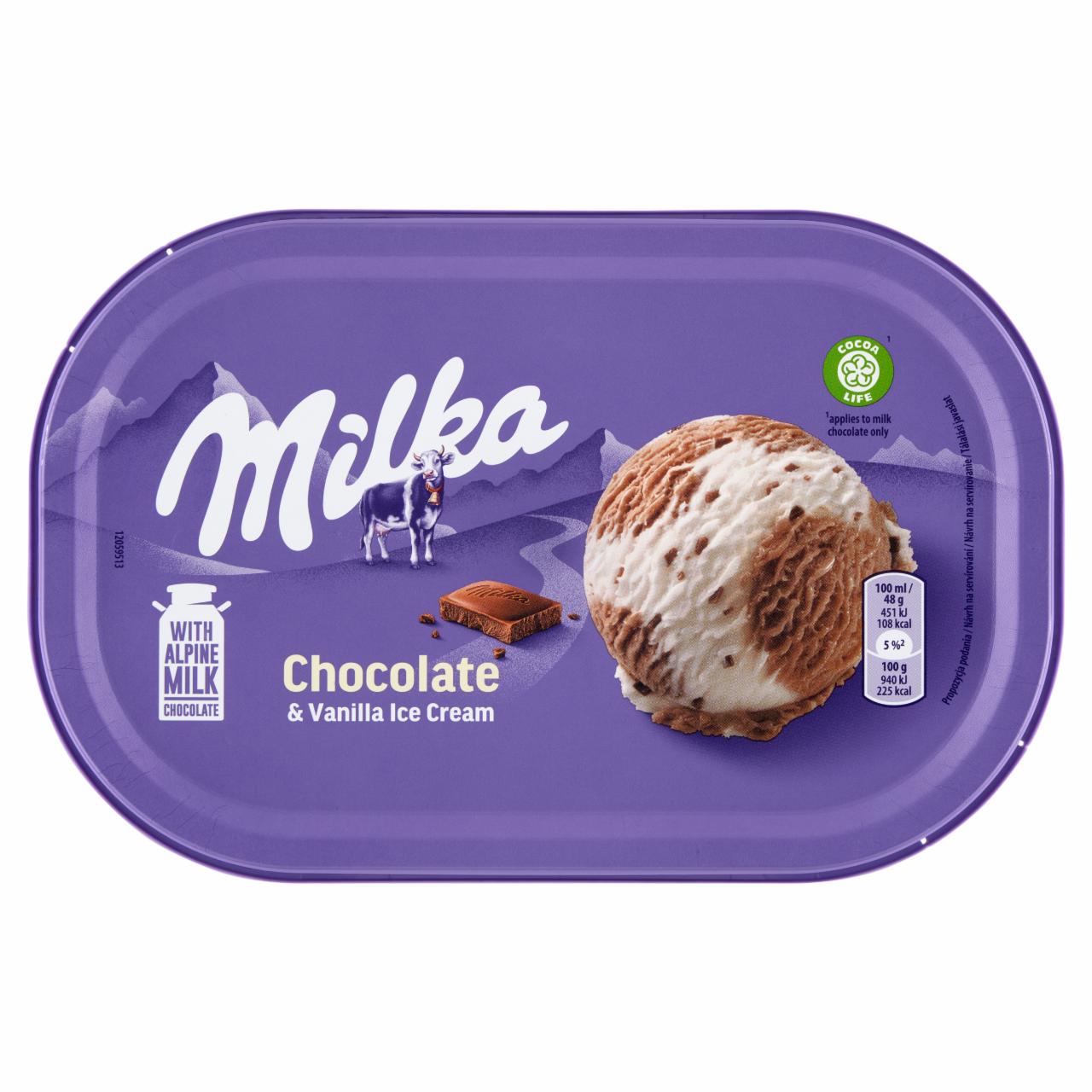 Képek - Milka tejcsokoládés jégkrém és vaníliaízű jégkrém tejcsokoládédarabokkal 900 ml