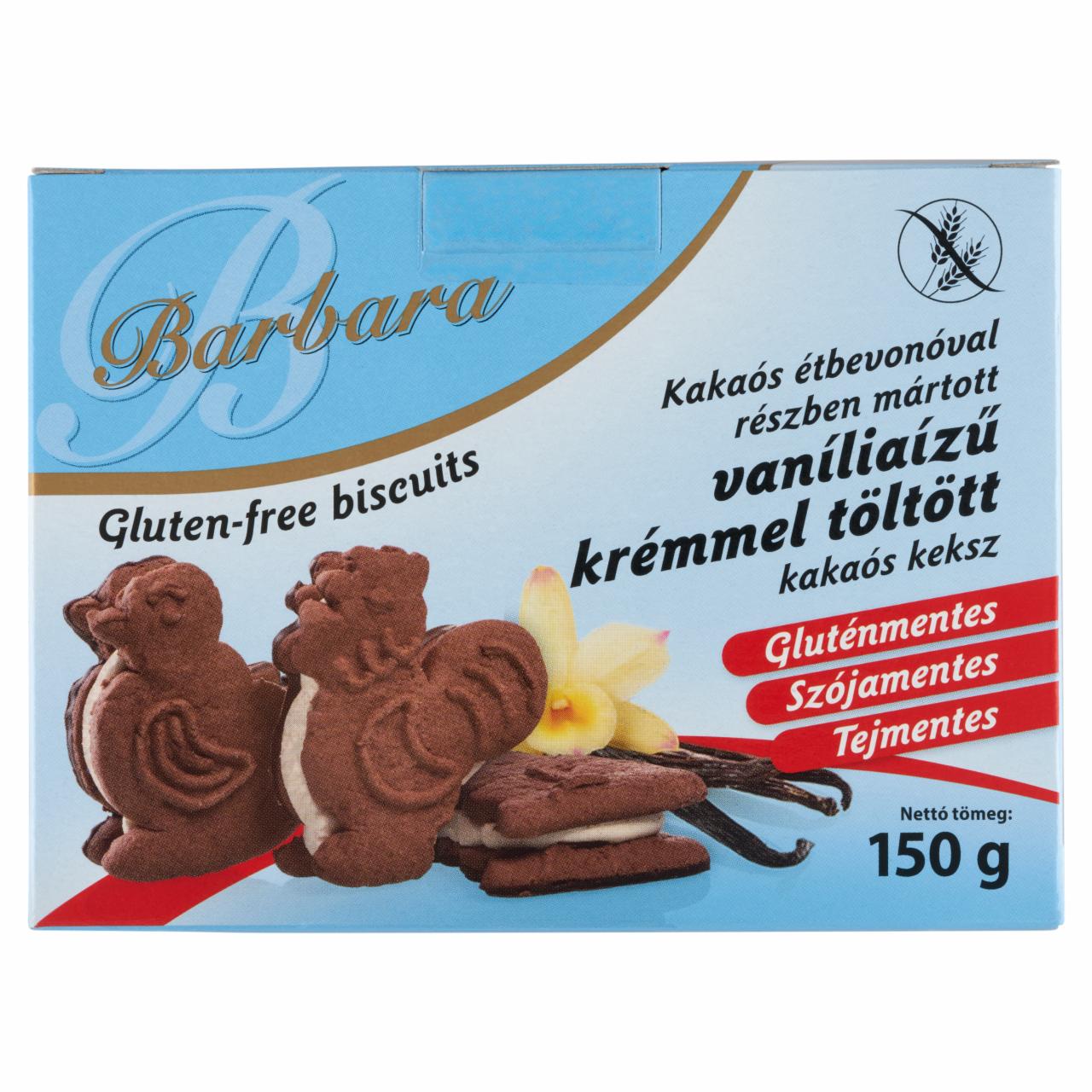 Képek - Barbara gluténmentes kakaós étbevonóval mártott vaníliaízű krémmel töltött kakaós keksz 150 g