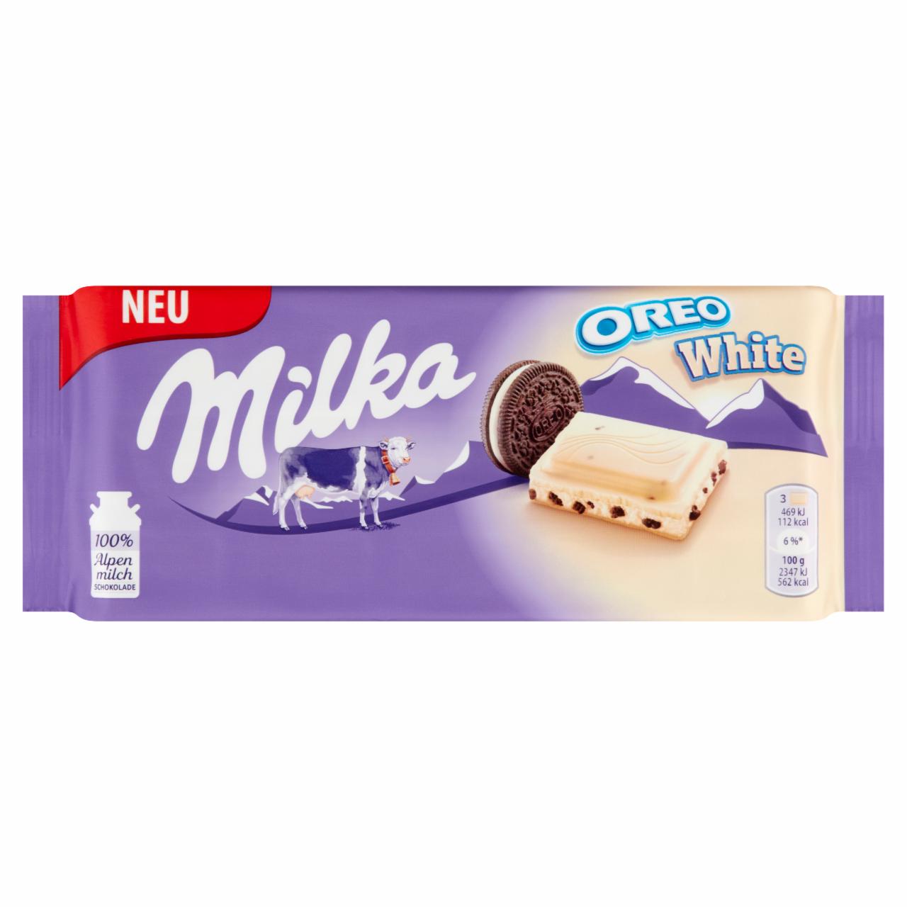 Képek - Milka Oreo White fehér csokoládé vaníliaízű, tejes krémtöltelékkel és kakaós kekszdarabokkal 100 g