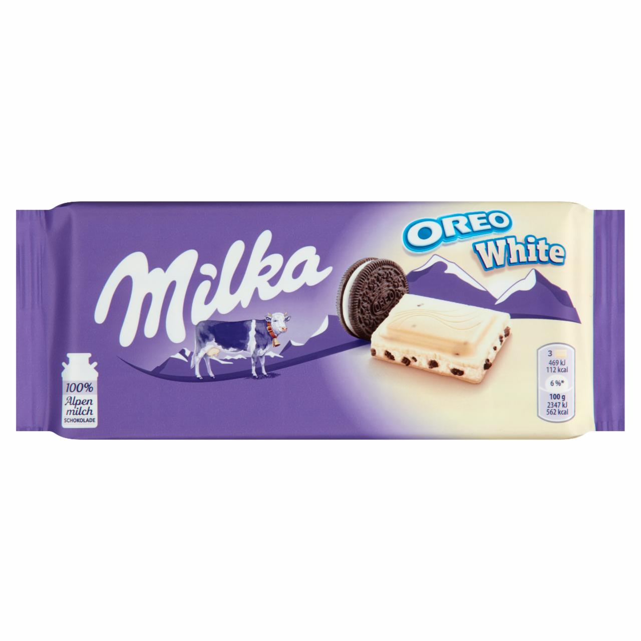 Képek - Milka Oreo White fehér csokoládé vaníliaízű, tejes krémtöltelékkel és kakaós kekszdarabokkal 100 g