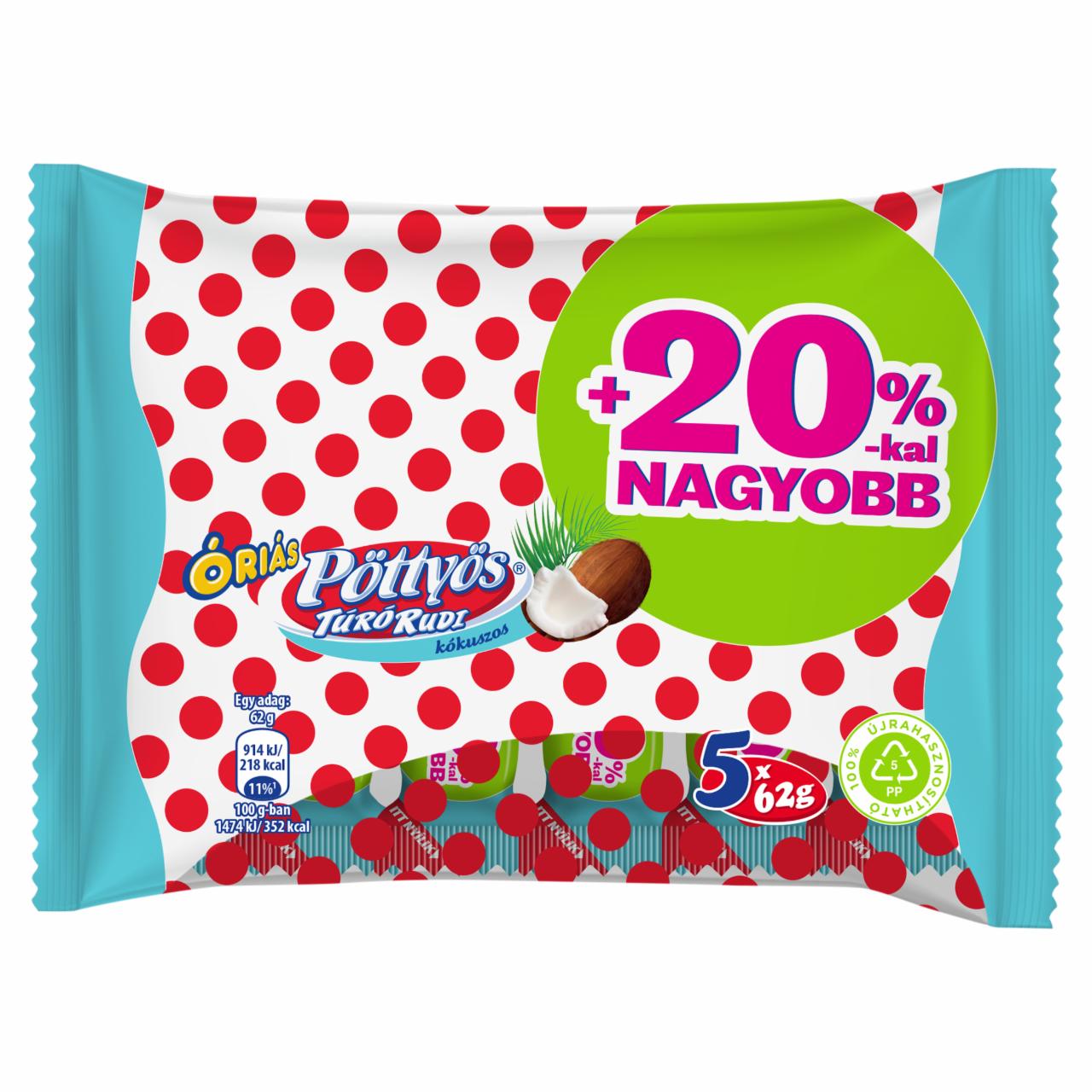 Képek - Pöttyös Óriás Túró Rudi kókuszos túródesszert tejes bevonattal 5 x 62 g (310 g)