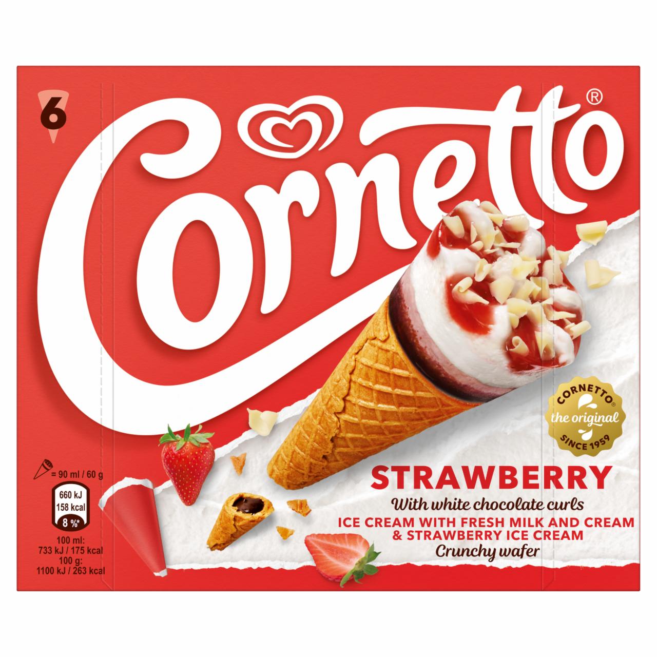 Képek - Cornetto epres jégkrém és vanília ízű tejjégkrém epres szósszal, ostyatölcsérben 6 x 90 ml (540 ml)