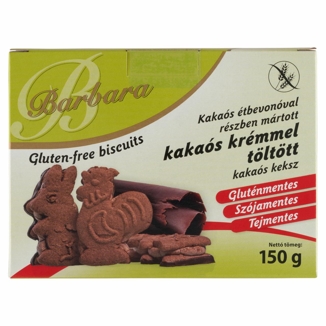 Képek - Barbara gluténmentes kakaós étbevonóval részben mártott kakaós krémmel töltött kakaós keksz 150 g