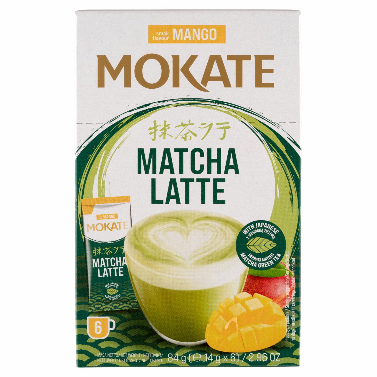 Képek - Mokate Mango Matcha Latte tej és zöldtea alapú instant italpor, mangó ízesítéssel 6 x 14 g (84 g)