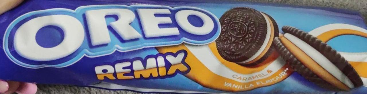 Képek - Oreo Remix vaníliaízű és karamellízű töltelékkel töltött kakaós keksz 157 g