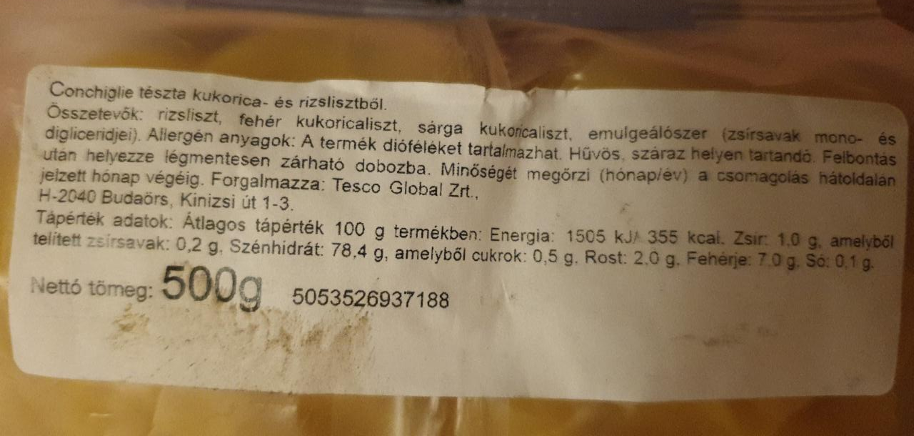 Gluténmentes conchiglie tészta kukorica- és rizslisztből Tesco free ...