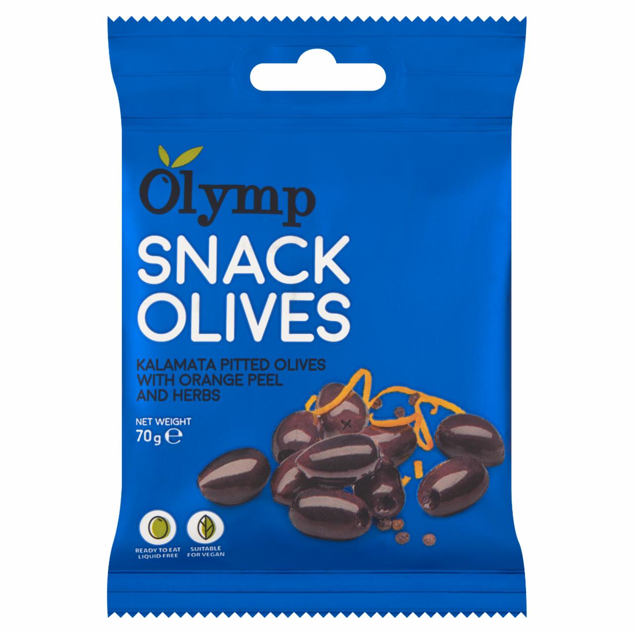 Képek - Olymp Snack Olives fűszerezett kalamata magozott olajbogyó narancs héjjal 70 g